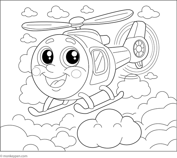 Cartoon helicopter with a smiling face flying in the sky, designed for coloring.