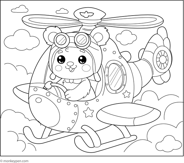 Helicopter with animal pilot coloring page