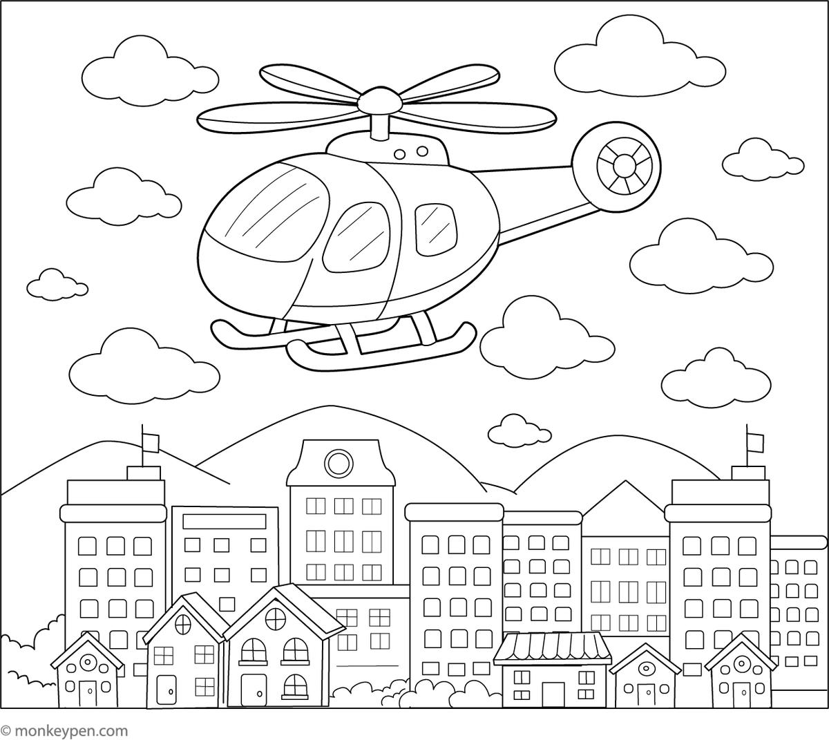 Helicopter Flying Over Urban Area | Free Kids Coloring Page