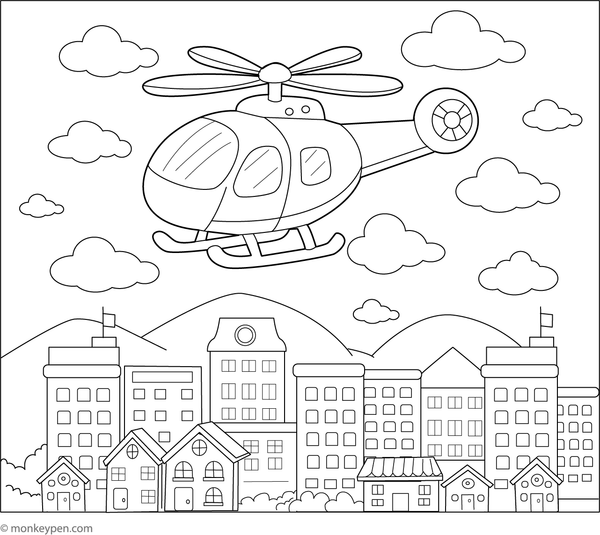 Helicopter flying over a city with skyscrapers and busy streets, prepared for coloring.