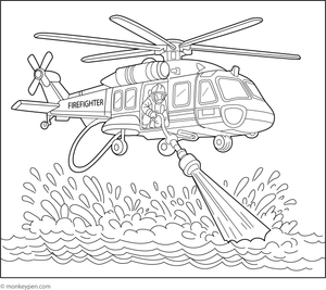 Firefighting helicopter releasing water to combat a fire, ready to be colored.