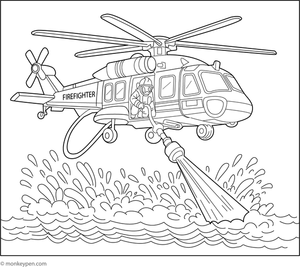 Firefighting helicopter releasing water to combat a fire, ready to be colored.