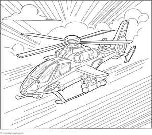 Police helicopter chasing a speedy car, ready to be colored.