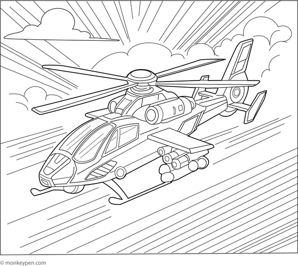 Police helicopter chasing a speedy car, ready to be colored.