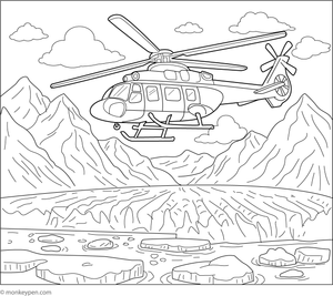 Helicopter flying over an icy glacier with snowy mountains, ready for coloring.