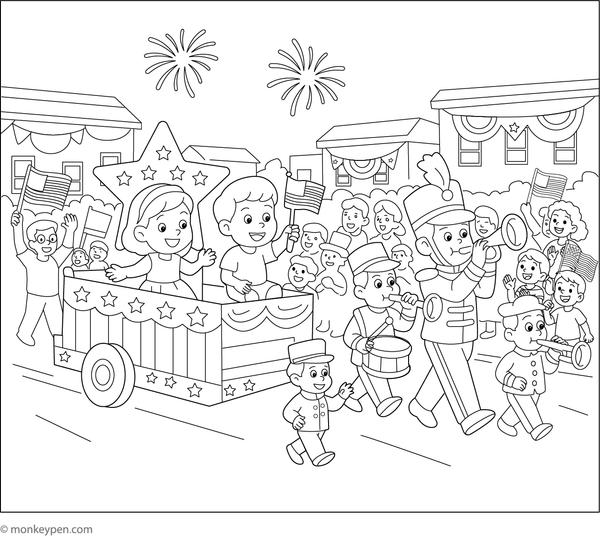 4th of July parade with decorated floats and waving flags, designed for children to colour.