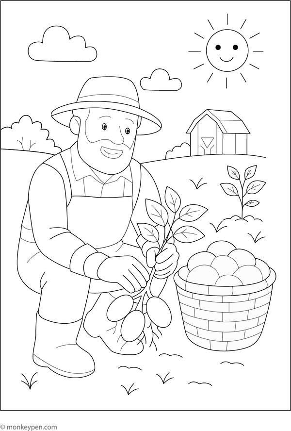 Coloring page of a smiling farmer harvesting potatoes with a basket.