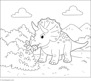 Triceratops feeding on leaves in a prehistoric setting, prepared for coloring.