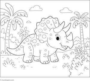 Triceratops amidst ferns and trees in a prehistoric landscape, ready to be colored.