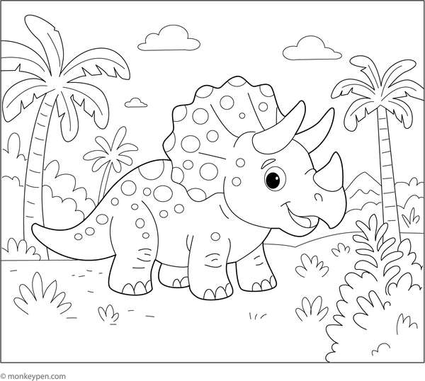Triceratops amidst ferns and trees in a prehistoric landscape, ready to be colored.