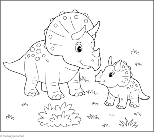 Mother and baby Triceratops sharing a tender moment, ready for coloring.