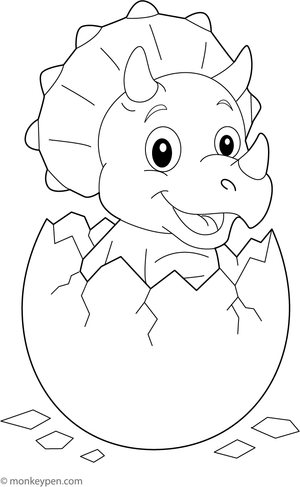 Young Triceratops hatching from an egg in a nest, ready for coloring.