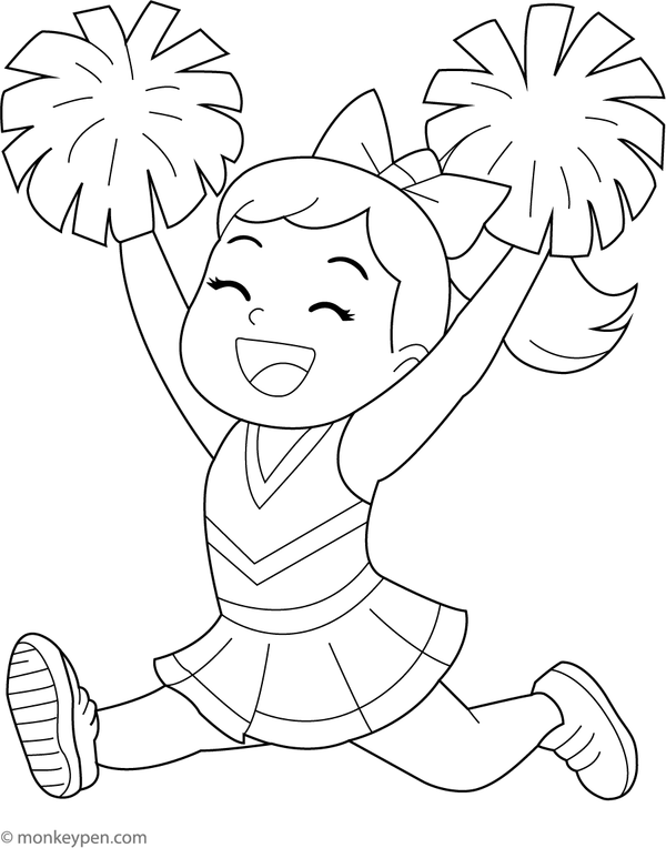 Cheerleader mid-jump with pom-poms, surrounded by energy and excitement, awaiting coloring.