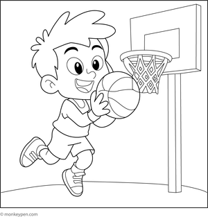 Player shooting a basketball into the hoop, ready to be colored.