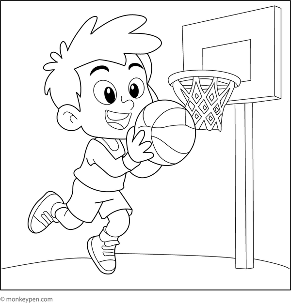 Player shooting a basketball into the hoop, ready to be colored.