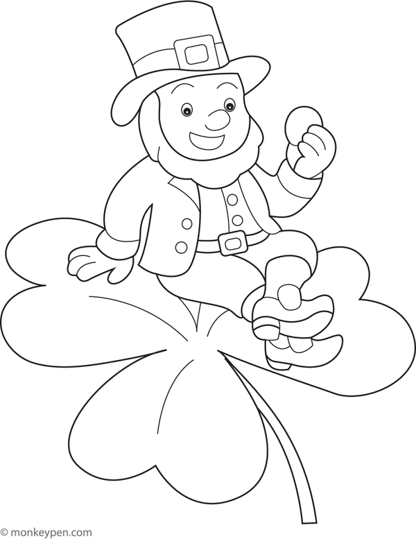 Leprechaun sitting on a large shamrock, ready to be colored.