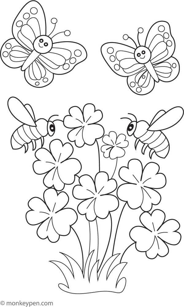 Butterflies and bees flying around shamrocks, ready for coloring.