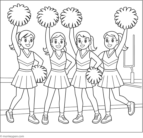 Cheerleaders on the sidelines, ready to cheer, awaiting coloring.