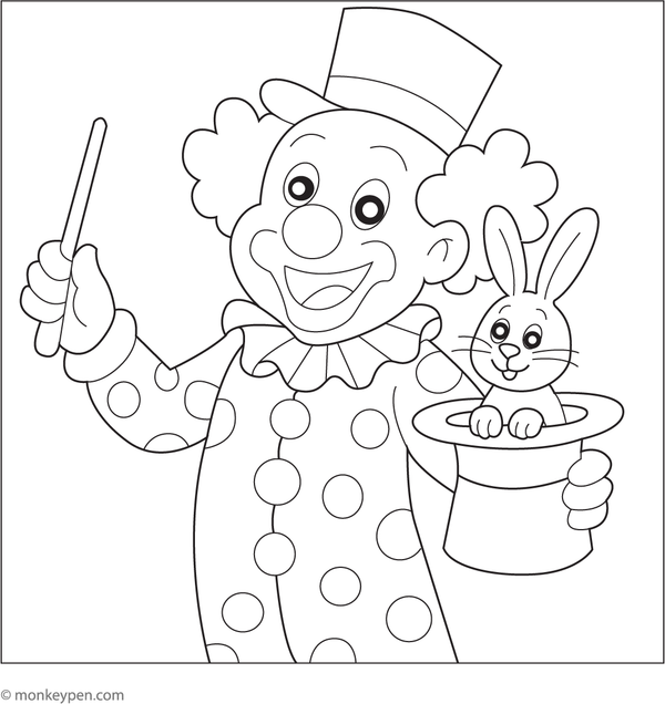 Clown performing a magic trick, pulling a rabbit from a hat, ready for coloring.