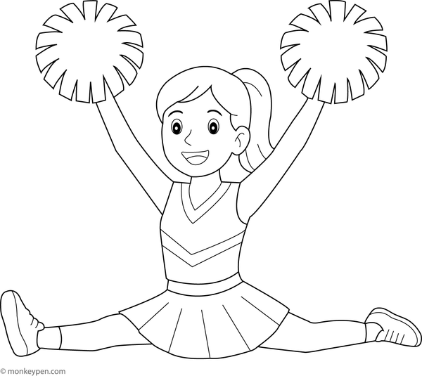 Cheerleader performing a split, demonstrating flexibility, ready to be colored.