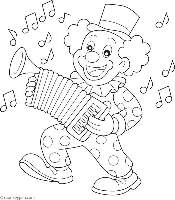 Clown playing a musical instrument, ready to be colored.