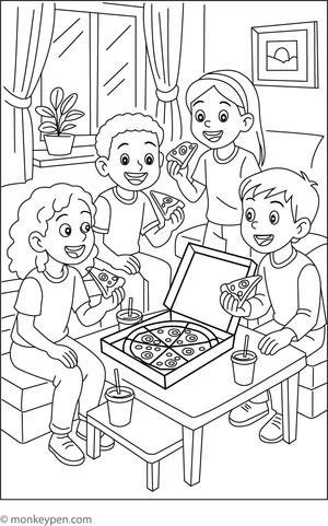 Group of friends enjoying a shared pizza event, ready to be Colored.