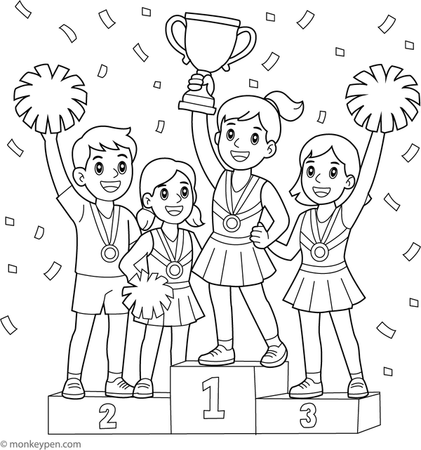 Cheer team displaying a trophy at an award ceremony, filled with celebration, ready for coloring.