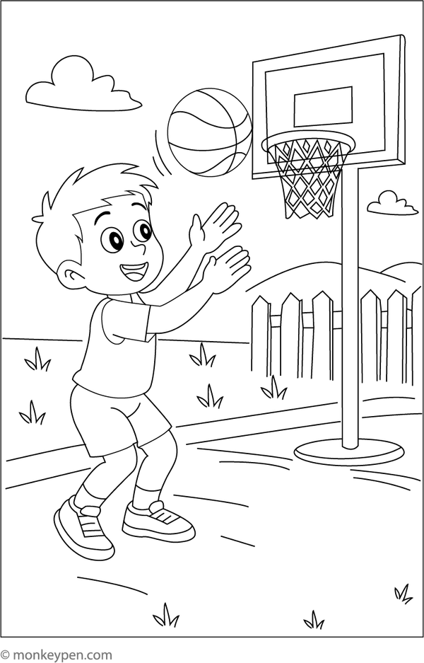 Child shooting a basketball into a driveway hoop, to be colored.
