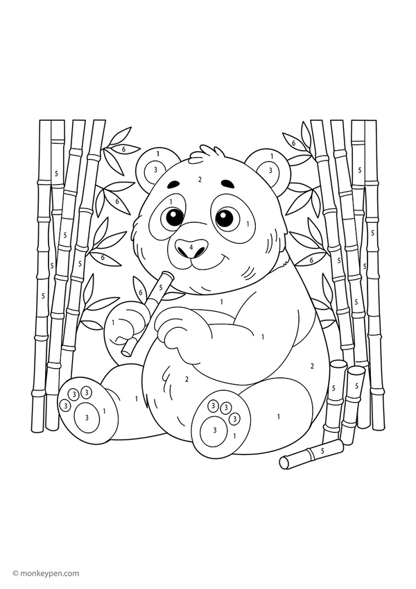 Free downloadable panda color-by-number worksheet showing a peaceful panda with bamboo, designed to help preschoolers build number skills and enjoy a calm, animal-themed coloring activity.