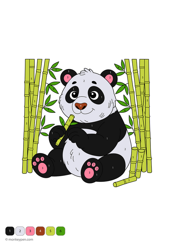 Free downloadable panda color-by-number worksheet showing a peaceful panda with bamboo, designed to help preschoolers build number skills and enjoy a calm, animal-themed coloring activity.