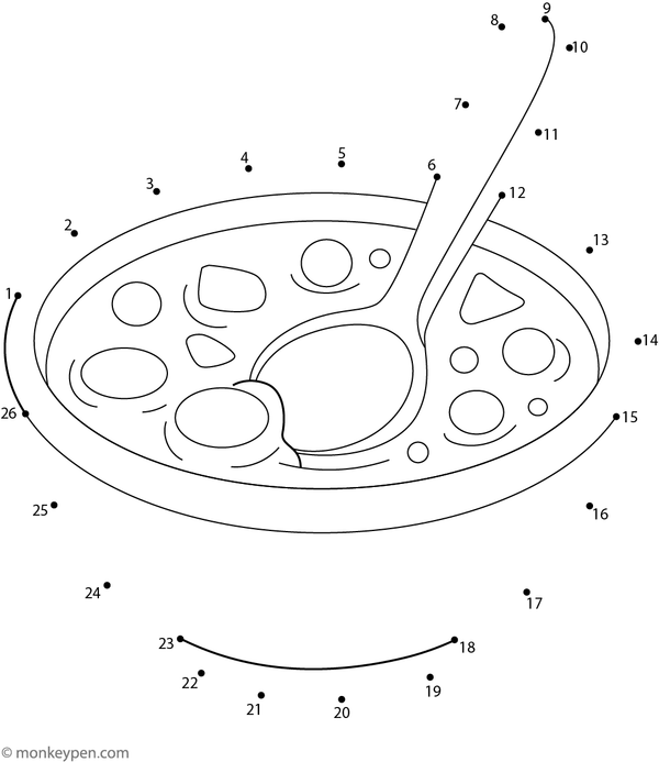 Worksheet with dots that, when connected, form a steaming bowl of soup with a spoon for coloring.