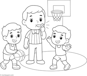 Referee blowing a whistle during a basketball game, to be colored.