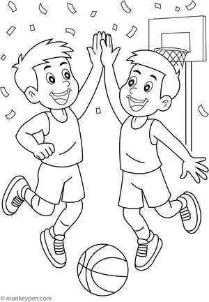 Basketball players celebrating a victory with jumping and high-fives, ready to be colored.