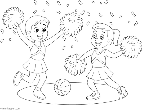 Cheerleaders in energetic poses waving pom-poms and cheering on a basketball team with a lively sports court in the background.