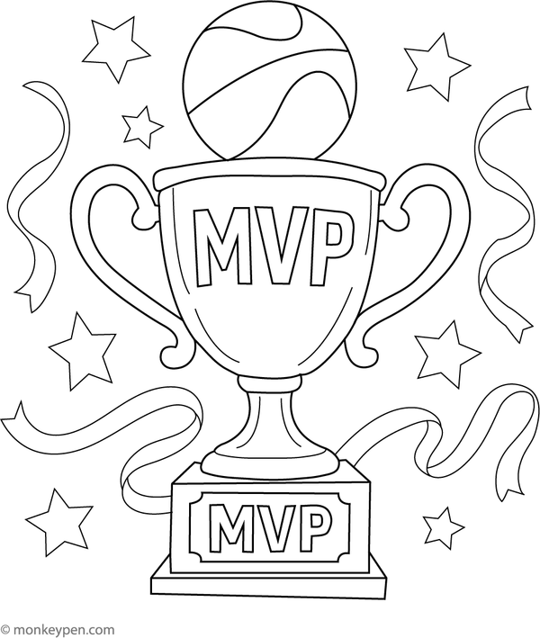 Basketball trophy with stars and ribbons, ready to be colored.