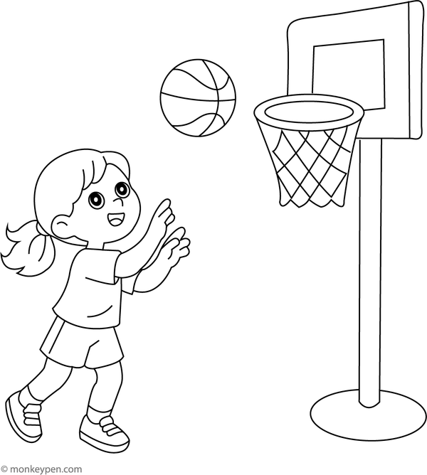 Young girl practicing free throws with a basketball, ready to be colored.