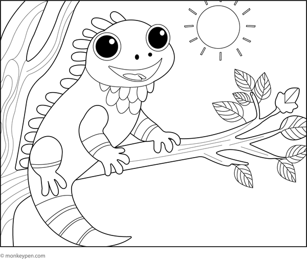 Engage in Coloring this lively, free printable of an iguana situated in a lush tropical garden, offering a creative activity for children to enjoy.