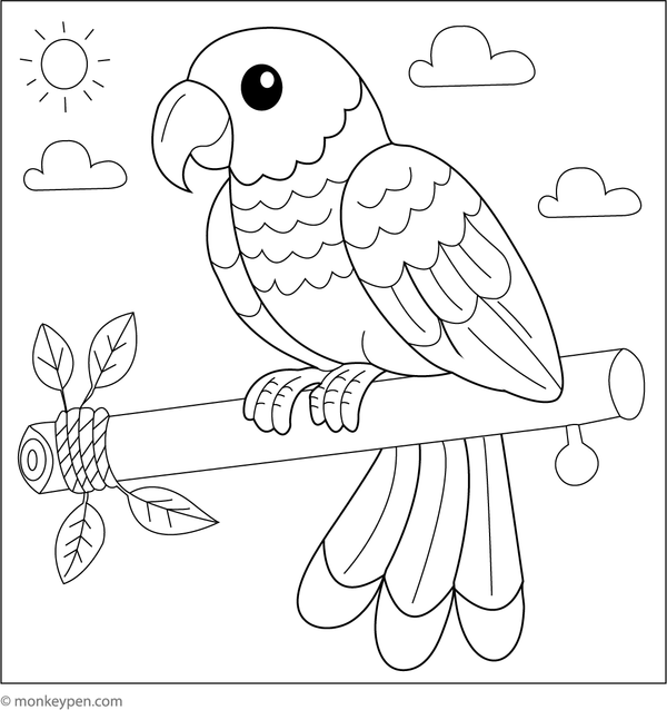 Printable Coloring page of a parrot sitting on a wooden perch, perfect for kids who love tropical birds and Coloring.