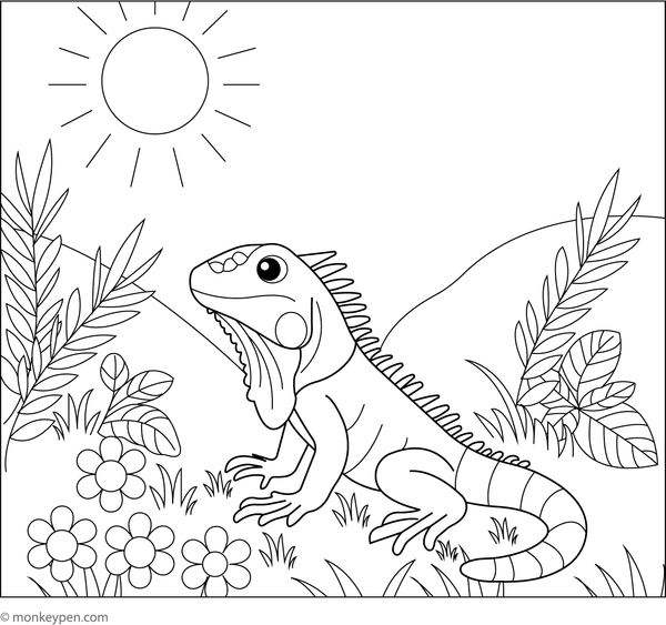 Engage in Coloring this lively, free printable of an iguana situated in a lush tropical garden, offering a creative activity for children to enjoy.