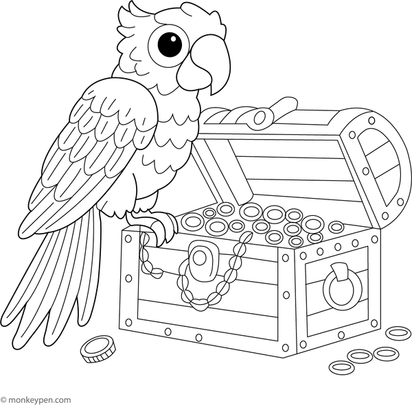 Fun parrot Coloring sheet featuring a parrot next to a treasure chest, great for pirate-themed adventures.