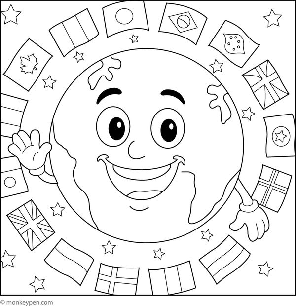 Earth surrounded by flags of various countries, ready for coloring.