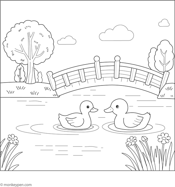Ducks in Pond Coloring Page