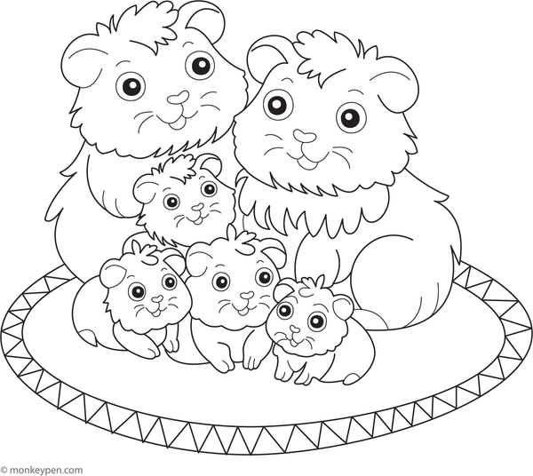 Obtain this heartwarming free printable depicting a guinea pig family, presenting a delightful scene for children to Color and explore.