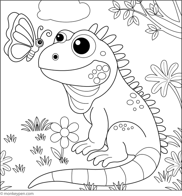 Download this charming free printable showcasing an iguana with a butterfly, presenting a delightful nature-inspired Coloring page for young learners.