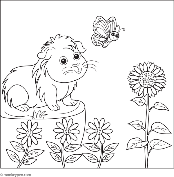 Enjoy Coloring this vibrant free printable of a guinea pig playing in a flower meadow, serving as a cheerful and relaxing activity for children.