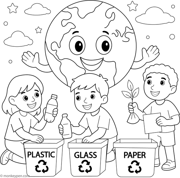 Earth with recycling bins and eco symbols, ready to be colored.