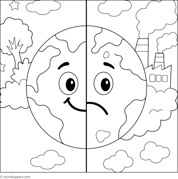 Illustration of a clean Earth on one side and a polluted Earth on the other, both ready to be colored.