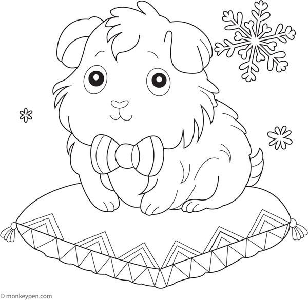 Color in this adorable free printable of a guinea pig wearing a bow tie, offering a charming and whimsical activity for children.