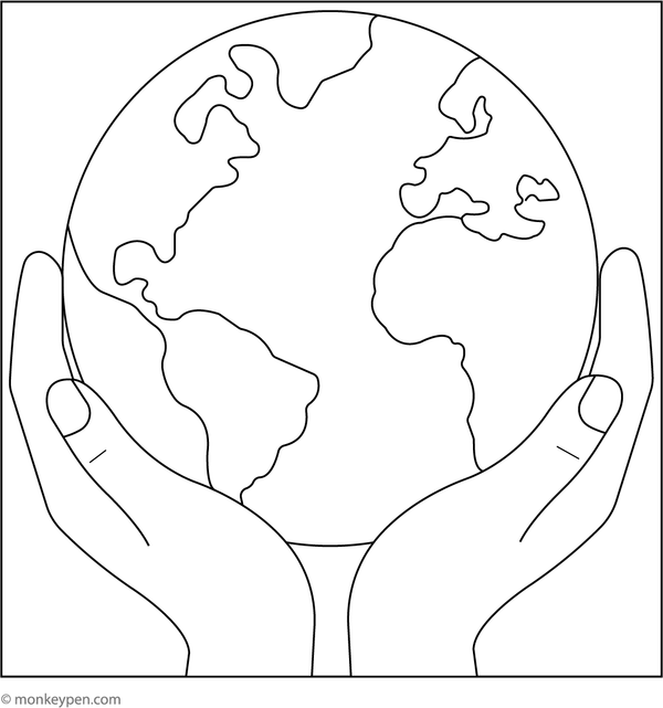 Depiction of hands gently holding a vibrant Earth, surrounded by natural elements, ready for coloring.