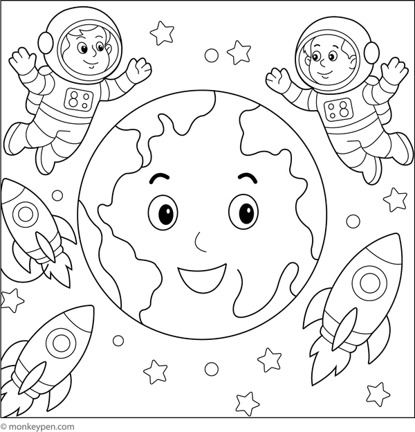 Earth floating in space, surrounded by stars and galaxies, prepared for coloring.